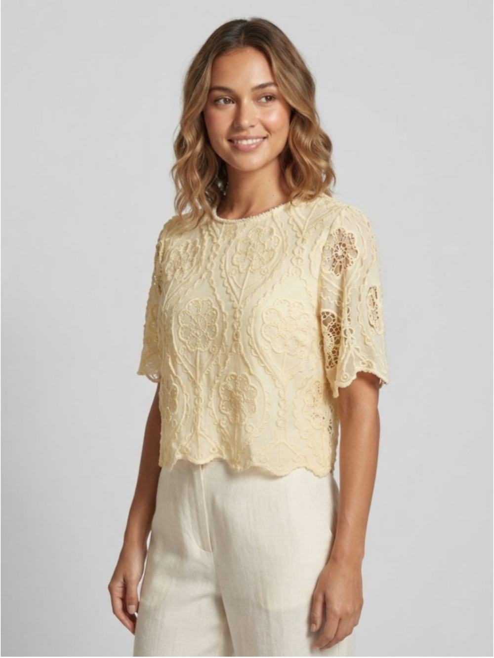 DreamCatcher Yellow Lace Embroidered Short Sleeve Blouse Size 38/ US 6